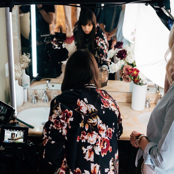 Sports-style satin-feel jacket with floral pattern and elastic striped details - Picture 2 of 5